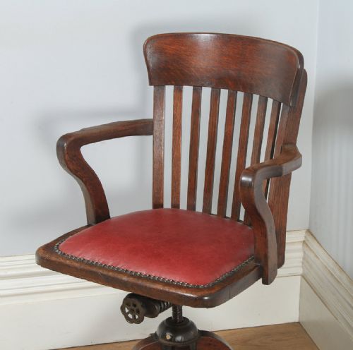 fig 2. Antique English Edwardian Oak & Red Leather Revolving Office Desk Arm Chair (Circa 1910)
