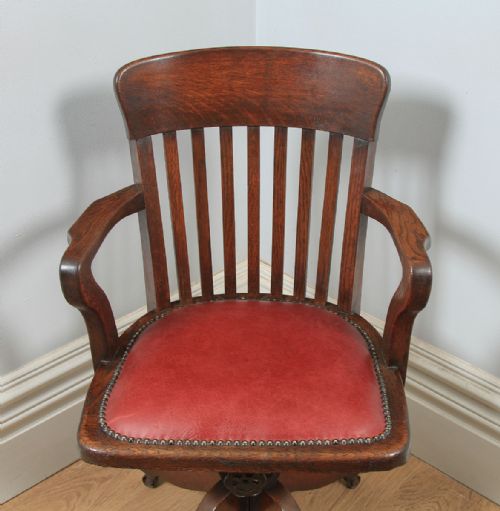 fig 3. Antique English Edwardian Oak & Red Leather Revolving Office Desk Arm Chair (Circa 1910)