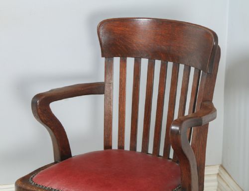 fig 4. Antique English Edwardian Oak & Red Leather Revolving Office Desk Arm Chair (Circa 1910)