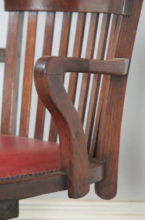 fig 7. Antique English Edwardian Oak & Red Leather Revolving Office Desk Arm Chair (Circa 1910)