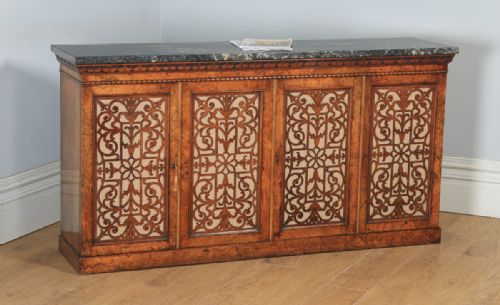 Antique English Victorian Burr Walnut & Marble Sideboard Cabinet (Circa 1850)