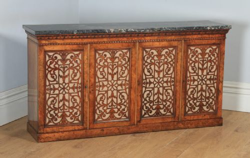 fig 1. Antique English Victorian Burr Walnut & Marble Sideboard Cabinet (Circa 1850)