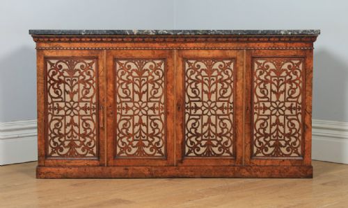 fig 2. Antique English Victorian Burr Walnut & Marble Sideboard Cabinet (Circa 1850)
