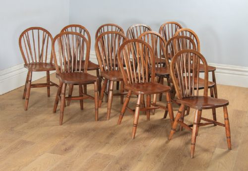 Antique English Set of 12 Twelve Victorian Ash, Beech & Elm Windsor Stick & Hoop Back Kitchen Dining Chairs (Circa 1900)