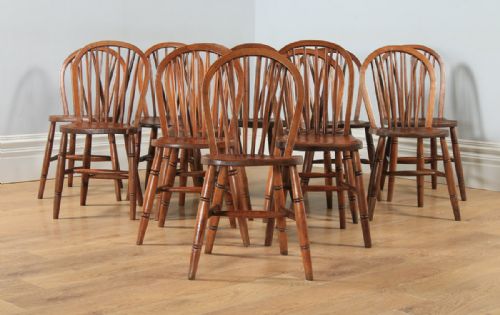 fig 1. Antique English Set of 12 Twelve Victorian Ash, Beech & Elm Windsor Stick & Hoop Back Kitchen Dining Chairs (Circa 1900)