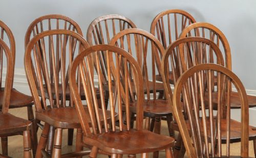 fig 3. Antique English Set of 12 Twelve Victorian Ash, Beech & Elm Windsor Stick & Hoop Back Kitchen Dining Chairs (Circa 1900)