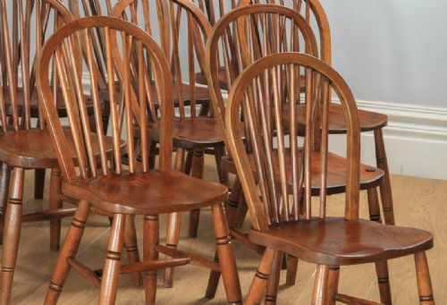 fig 5. Antique English Set of 12 Twelve Victorian Ash, Beech & Elm Windsor Stick & Hoop Back Kitchen Dining Chairs (Circa 1900)
