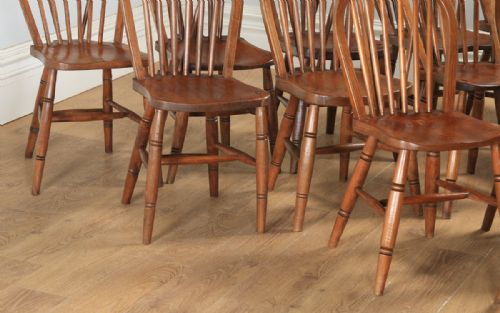 fig 6. Antique English Set of 12 Twelve Victorian Ash, Beech & Elm Windsor Stick & Hoop Back Kitchen Dining Chairs (Circa 1900)