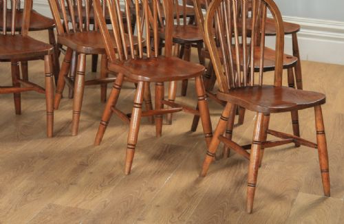 fig 7. Antique English Set of 12 Twelve Victorian Ash, Beech & Elm Windsor Stick & Hoop Back Kitchen Dining Chairs (Circa 1900)