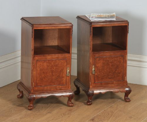 Antique English Pair of Queen Anne Style Burr Walnut Bedside Cabinet Tables Night Stands by Maple & Co. (Circa 1920)
