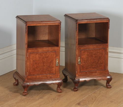 fig 1. Antique English Pair of Queen Anne Style Burr Walnut Bedside Cabinet Tables Night Stands by Maple & Co. (Circa 1920)