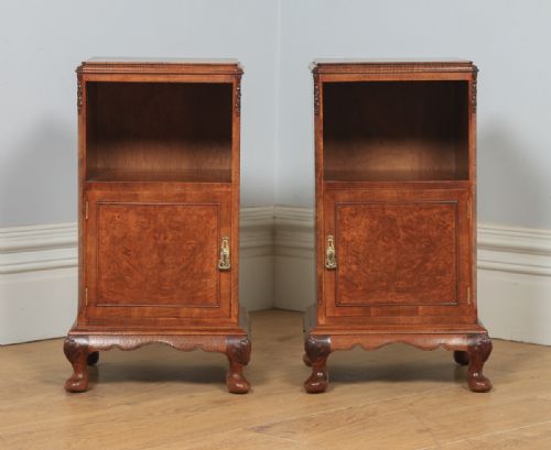 fig 2. Antique English Pair of Queen Anne Style Burr Walnut Bedside Cabinet Tables Night Stands by Maple & Co. (Circa 1920)
