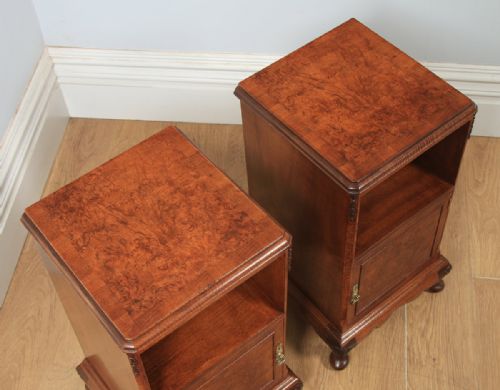 fig 3. Antique English Pair of Queen Anne Style Burr Walnut Bedside Cabinet Tables Night Stands by Maple & Co. (Circa 1920)