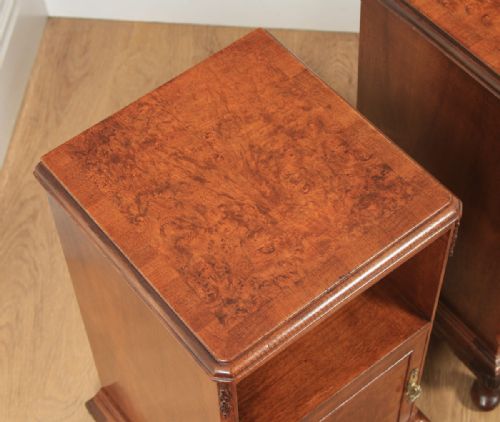 fig 4. Antique English Pair of Queen Anne Style Burr Walnut Bedside Cabinet Tables Night Stands by Maple & Co. (Circa 1920)