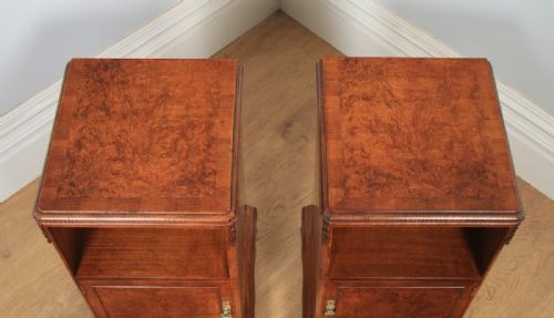 fig 6. Antique English Pair of Queen Anne Style Burr Walnut Bedside Cabinet Tables Night Stands by Maple & Co. (Circa 1920)