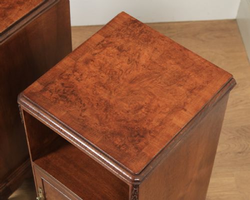 fig 7. Antique English Pair of Queen Anne Style Burr Walnut Bedside Cabinet Tables Night Stands by Maple & Co. (Circa 1920)
