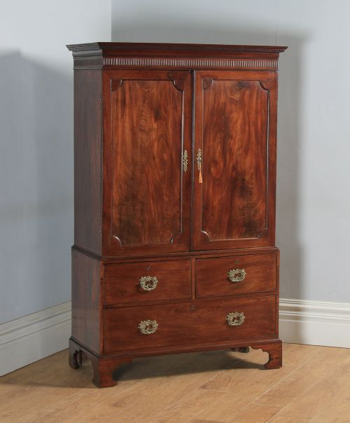 Antique English Georgian Flame Mahogany Linen Press Wardrobe Cupboard (Circa 1790)