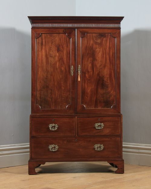 fig 1. Antique English Georgian Flame Mahogany Linen Press Wardrobe Cupboard (Circa 1790)