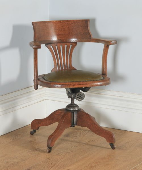 Antique English Edwardian Oak & Green Leather Revolving Office Desk Arm Chair (Circa 1910)