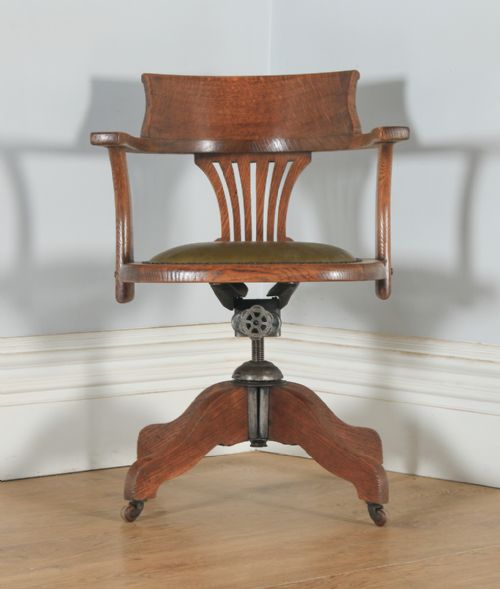 fig 1. Antique English Edwardian Oak & Green Leather Revolving Office Desk Arm Chair (Circa 1910)