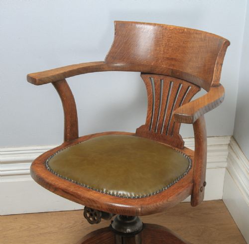fig 2. Antique English Edwardian Oak & Green Leather Revolving Office Desk Arm Chair (Circa 1910)