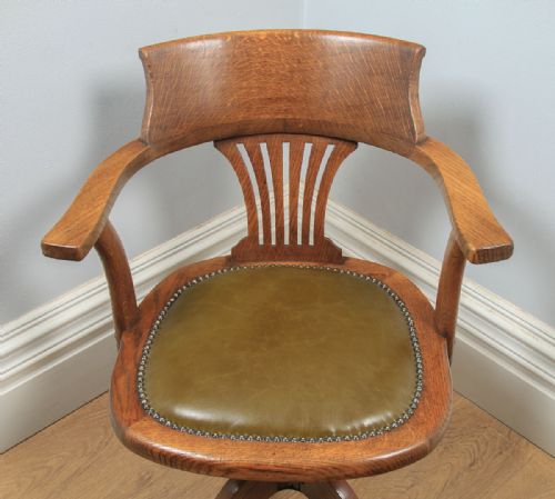 fig 3. Antique English Edwardian Oak & Green Leather Revolving Office Desk Arm Chair (Circa 1910)