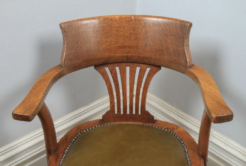 fig 4. Antique English Edwardian Oak & Green Leather Revolving Office Desk Arm Chair (Circa 1910)