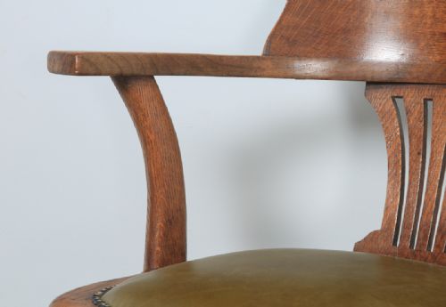 fig 5. Antique English Edwardian Oak & Green Leather Revolving Office Desk Arm Chair (Circa 1910)