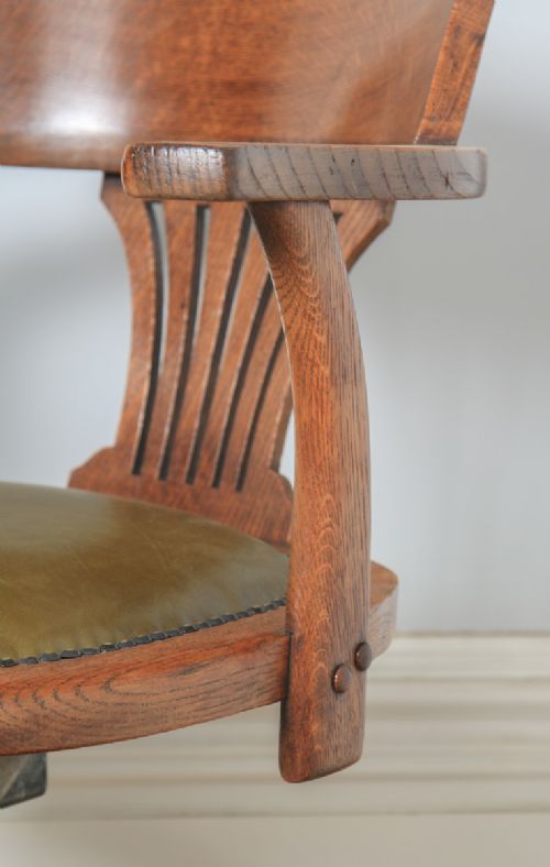 fig 6. Antique English Edwardian Oak & Green Leather Revolving Office Desk Arm Chair (Circa 1910)