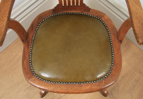 fig 7. Antique English Edwardian Oak & Green Leather Revolving Office Desk Arm Chair (Circa 1910)