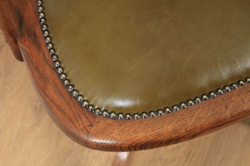 fig 8. Antique English Edwardian Oak & Green Leather Revolving Office Desk Arm Chair (Circa 1910)