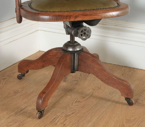 fig 9. Antique English Edwardian Oak & Green Leather Revolving Office Desk Arm Chair (Circa 1910)