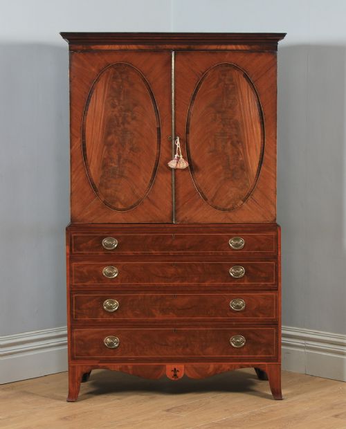 fig 1. Antique English Georgian Regency Flame Mahogany Linen Press Wardrobe Cupboard (Circa 1820)