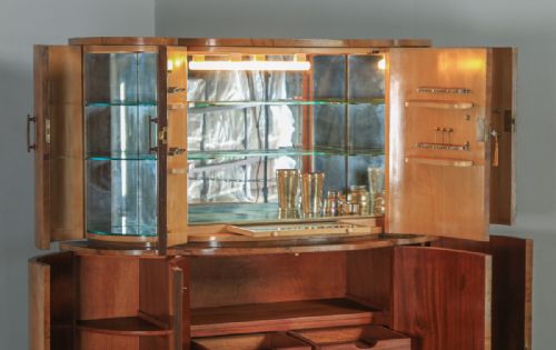 fig 7. Antique English Art Deco Burr Walnut Cocktail Bar Drinks Cloud Shaped Cabinet (Circa 1930) from Harrods, London