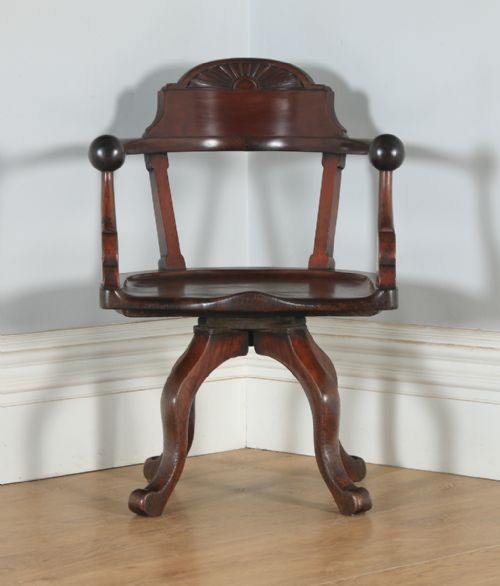 fig 1. Antique English Victorian Aesthetic Mahogany Revolving Office Desk Arm Chair (Circa 1890)