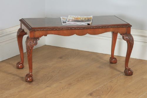 Antique English Queen Style Carved Burr Walnut & Glass Rectangular Coffee Table by Maple (Circa 1930)