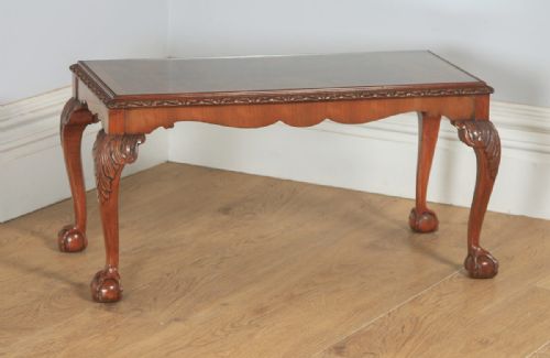 fig 1. Antique English Queen Style Carved Burr Walnut & Glass Rectangular Coffee Table by Maple (Circa 1930)