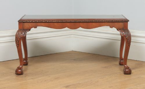 fig 2. Antique English Queen Style Carved Burr Walnut & Glass Rectangular Coffee Table by Maple (Circa 1930)