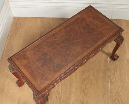 fig 3. Antique English Queen Style Carved Burr Walnut & Glass Rectangular Coffee Table by Maple (Circa 1930)