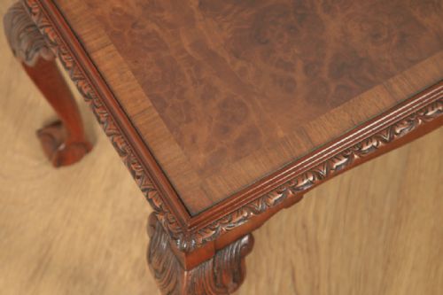 fig 4. Antique English Queen Style Carved Burr Walnut & Glass Rectangular Coffee Table by Maple (Circa 1930)