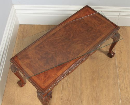 fig 5. Antique English Queen Style Carved Burr Walnut & Glass Rectangular Coffee Table by Maple (Circa 1930)