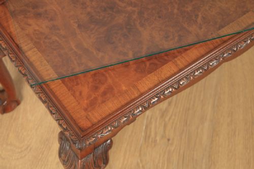 fig 6. Antique English Queen Style Carved Burr Walnut & Glass Rectangular Coffee Table by Maple (Circa 1930)