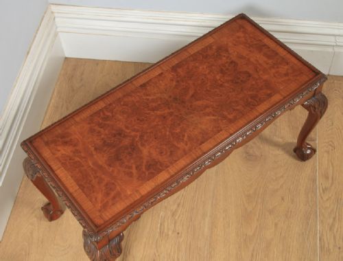 fig 7. Antique English Queen Style Carved Burr Walnut & Glass Rectangular Coffee Table by Maple (Circa 1930)