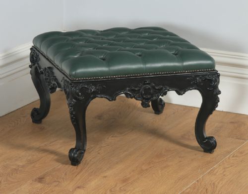 Antique English Victorian Mahogany Ebonised Carved Green Leather Stool (Circa 1900)