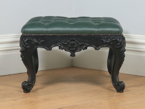 fig 1. Antique English Victorian Mahogany Ebonised Carved Green Leather Stool (Circa 1900)
