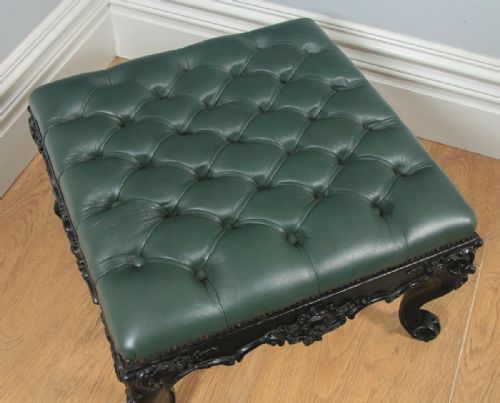 fig 2. Antique English Victorian Mahogany Ebonised Carved Green Leather Stool (Circa 1900)