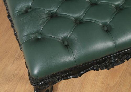 fig 3. Antique English Victorian Mahogany Ebonised Carved Green Leather Stool (Circa 1900)