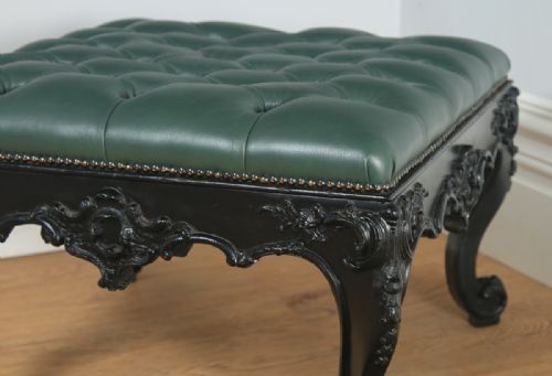 fig 4. Antique English Victorian Mahogany Ebonised Carved Green Leather Stool (Circa 1900)