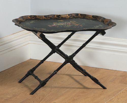fig 1. Antique English Victorian Black Ebonised Chinoiserie Papier Mâché Butlers Drinks Tray (Circa 1860)