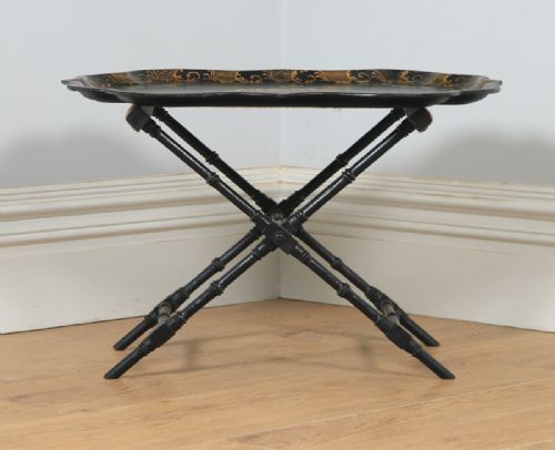 fig 2. Antique English Victorian Black Ebonised Chinoiserie Papier Mâché Butlers Drinks Tray (Circa 1860)